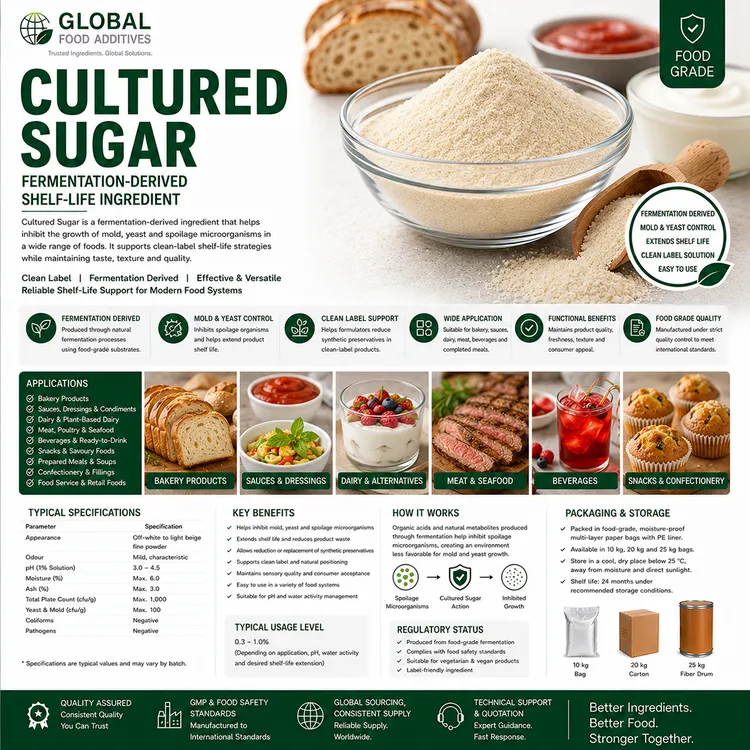 Cultured Sugar fermentation-derived shelf-life ingredient food additive ingredient illustration